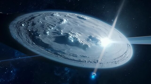 Approaching the flat earth, a spaceship travels through space surrounded by stars and clouds, with a bright light illuminating the scene with wonder and exploration