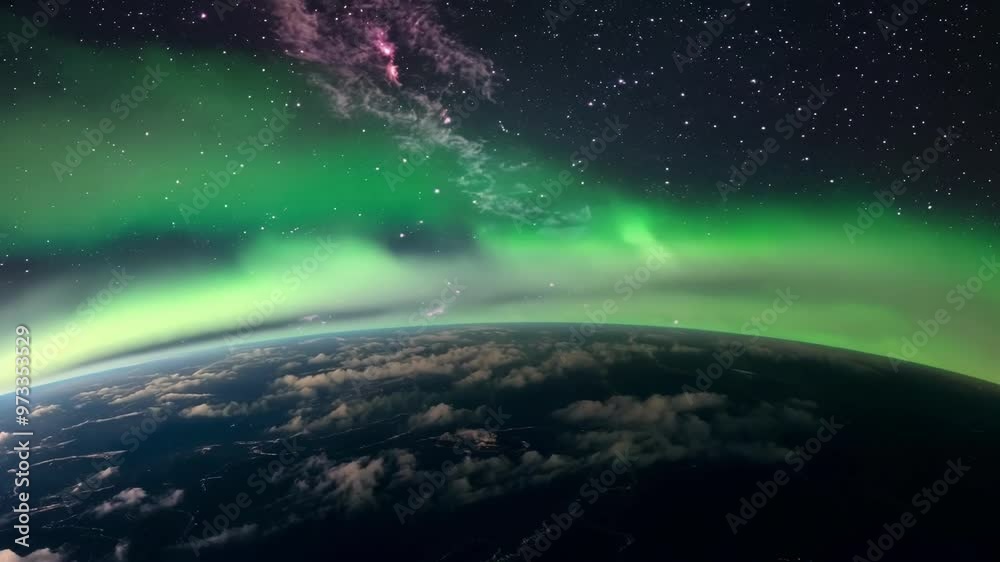 Aufkleber mesmerizing green aurora borealis illuminates earth from space, dancing across the starry sky in a m