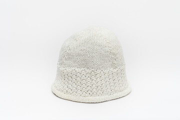 Hand-Knitted White Wool Hat Isolated on White Background (Easily Convertible to Transparent PNG)