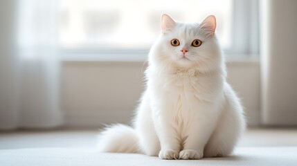 Full-body image of a fat white cat sitting on a light-colored surface, fur and body shape in sharp detail with the entire frame brightly lit
