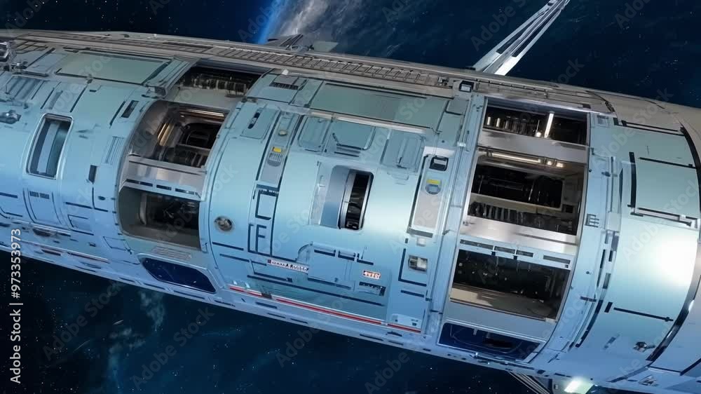 Poster Futuristic spaceship travels through space with cargo bay doors open, revealing galaxy beyond. Equipped with advanced technology for interstellar travel