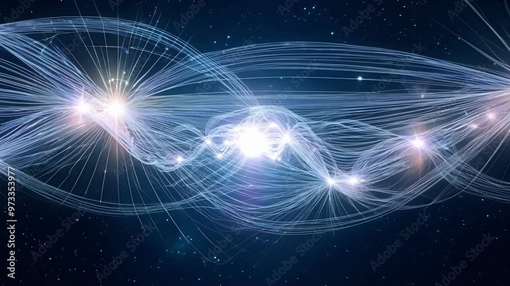 Poster Bright white lines intertwine in a mesmerizing wave pattern on a deep blue backdrop with twinkling stars, evoking cosmic connection and futuristic energy in a galaxy