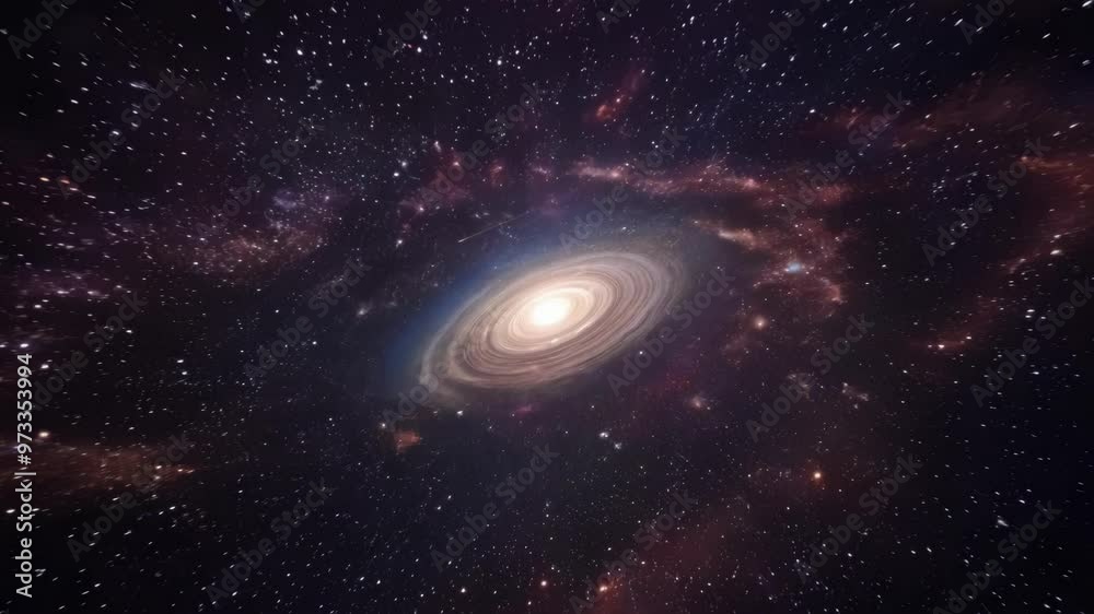 Poster Spiral galaxy with a bright core is shining brightly, surrounded by millions of stars and nebulas in the vast expanse of deep space