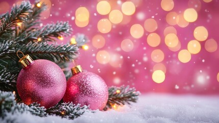 Fototapeta premium Festive Christmas tree with decorations with glittery baubles, frosted evergreen branches, illuminated by warm lights on a blur background. Merry Christmas banner and poster