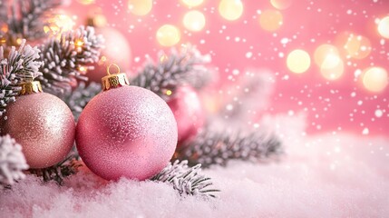 Obraz premium Festive Christmas tree with decorations with glittery baubles, frosted evergreen branches, illuminated by warm lights on a blur background. Merry Christmas banner and poster