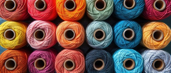 Colorful spools of thread arranged neatly 