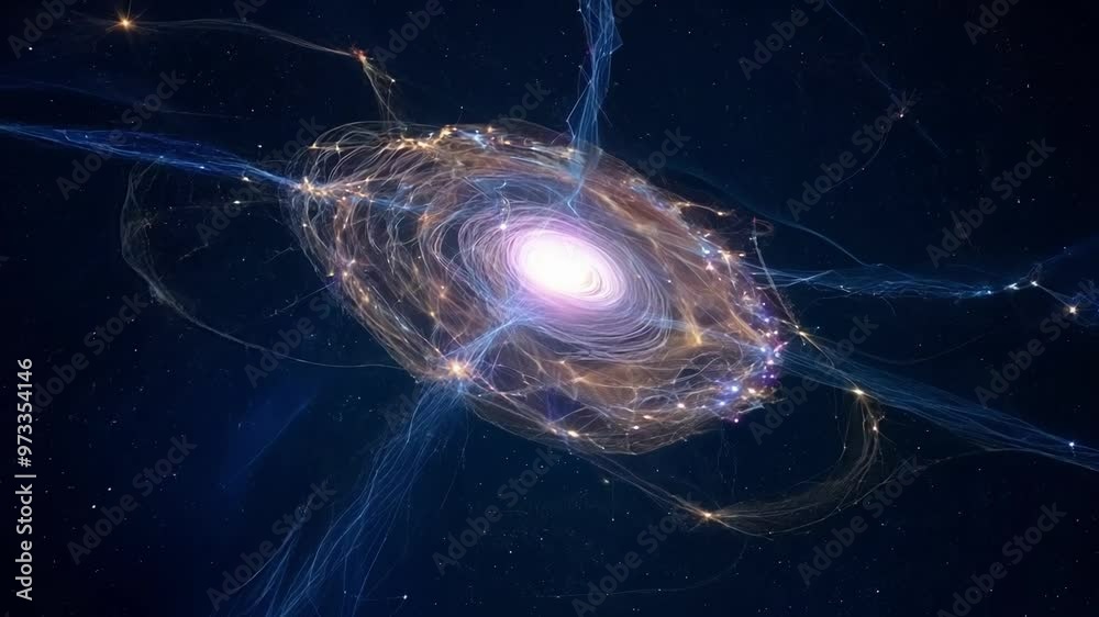 Poster Bright spiral galaxy is surrounded by a network of connections, suggesting communication and data transfer across vast distances in space