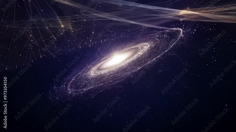 Aufkleber Bright spiral galaxy is connecting with other galaxies through a network of lines and points, creating a sense of vastness and interconnectedness