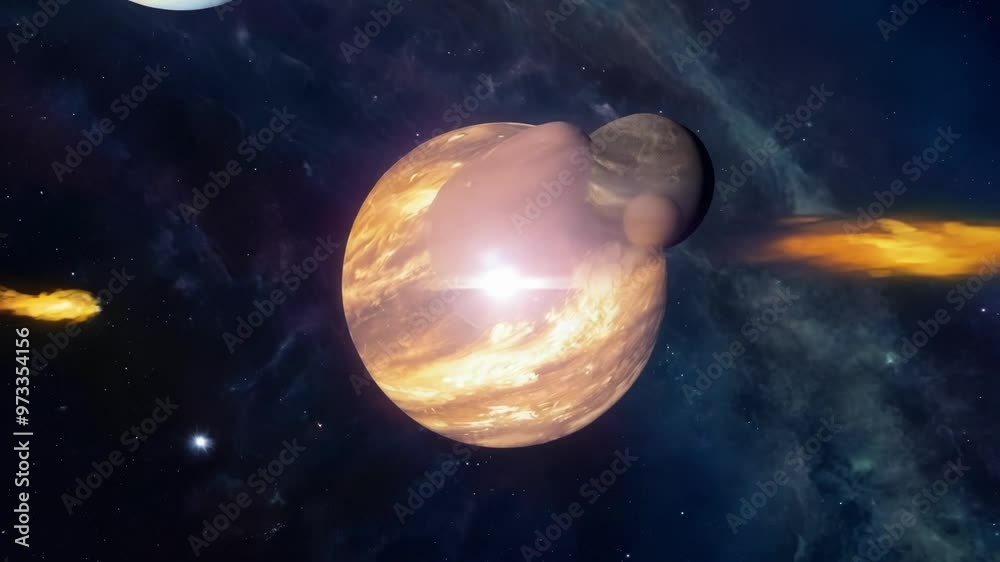 Poster Traveling through space, a comet leaves a dazzling trail, passing planets and stars, capturing the wonders of the universe