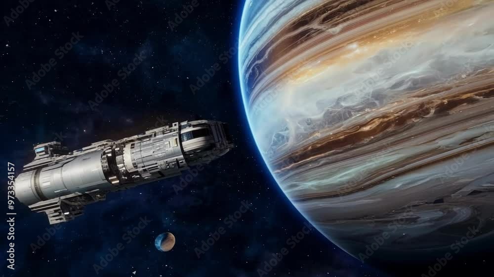 Aufkleber Futuristic spaceship orbits jupiter in a vast universe with stars and galaxies, capturing space exploration and sci fi