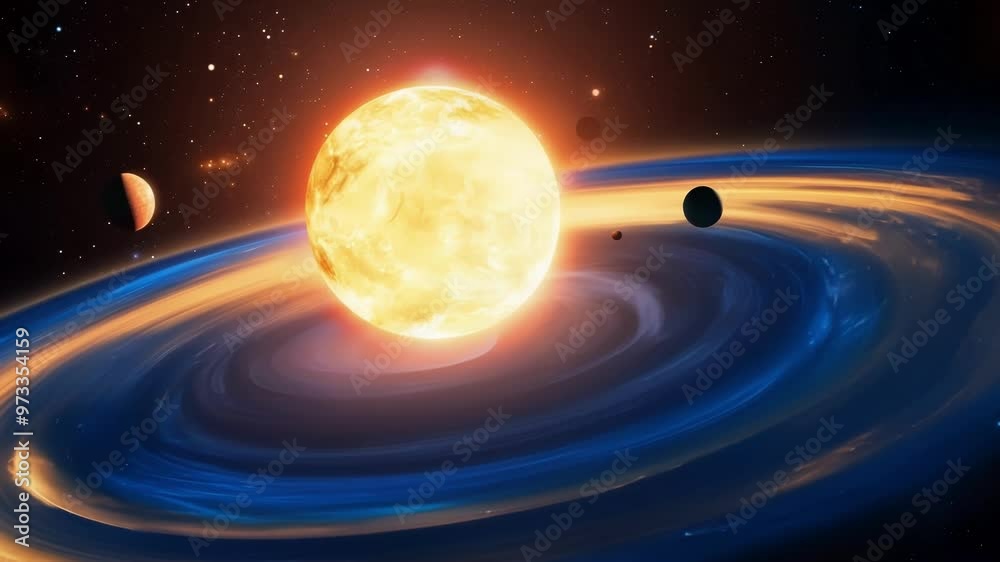 Poster planets are orbiting a star, creating impressive blue and orange rings in the vastness of space. thi