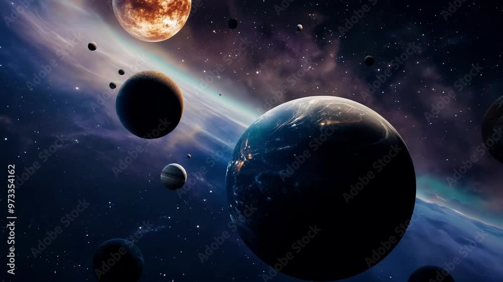 Aufkleber Group of planets is orbiting in the outer space, surrounded by a starry sky and nebulae. The image evokes a sense of wonder and the immensity of the cosmos