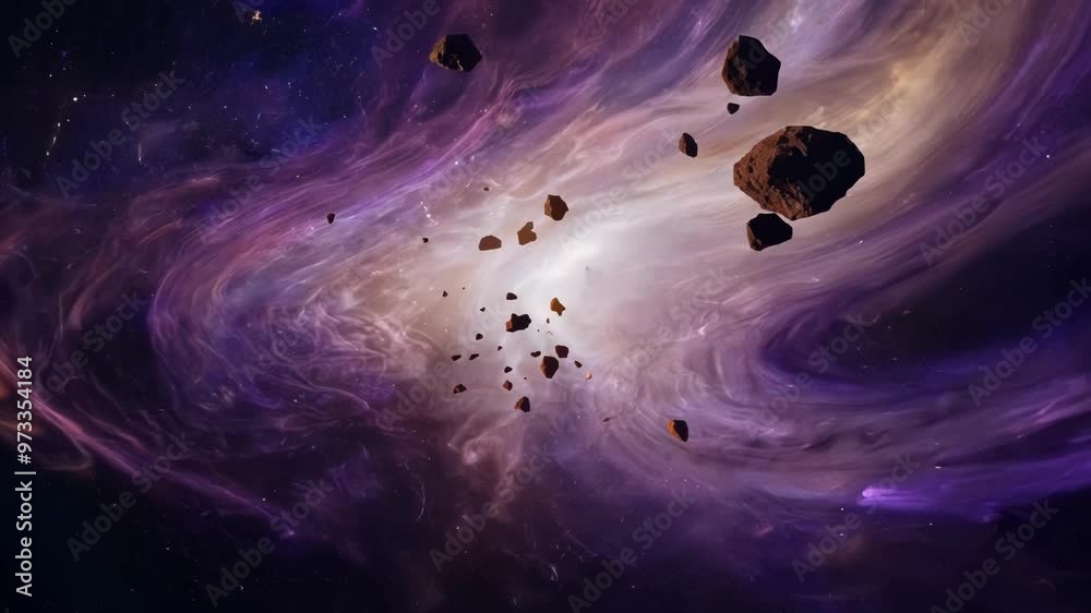 Aufkleber Mesmerizing scene of asteroids swirling through a colorful nebula in deep space, creating a stunning cosmic display for science fiction projects