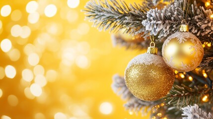 Obraz premium Festive Christmas tree with decorations with glittery baubles, frosted evergreen branches, illuminated by warm lights on a blur background. Merry Christmas banner and poster