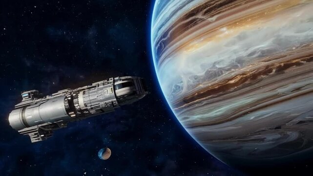 Futuristic spaceship orbits jupiter in a vast universe with stars and galaxies, capturing space exploration and sci fi