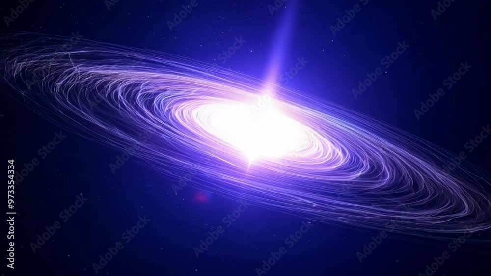 Poster mesmerizing spiral galaxy radiates vibrant light beams in outer space, blending purples, blues, and 