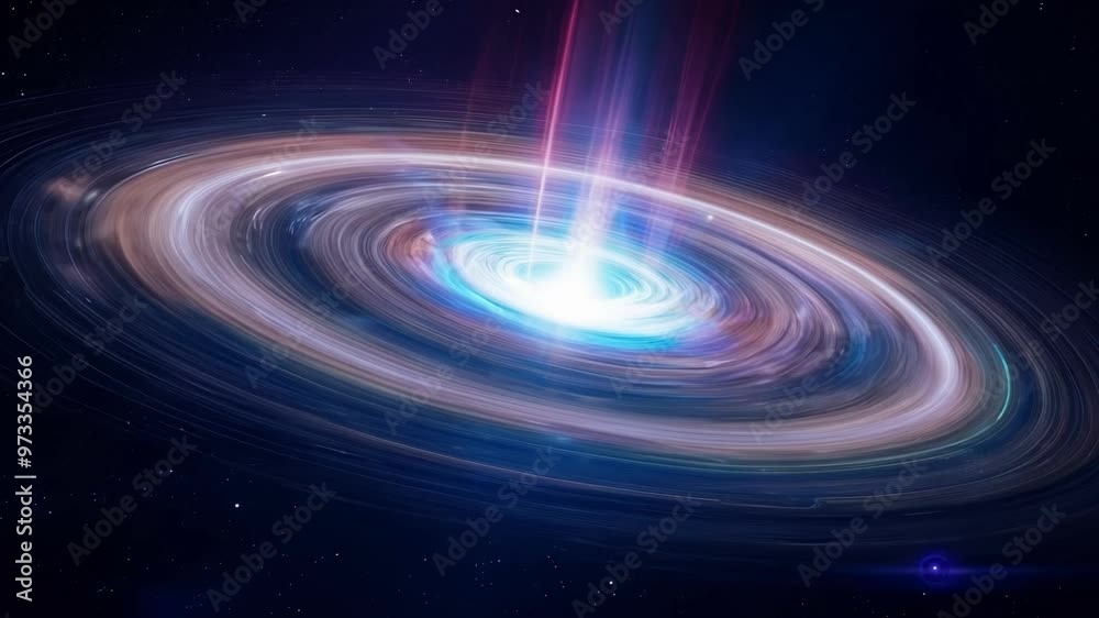 Poster mesmerizing spiral galaxy shines brightly in space, illuminating stars with colorful energy beams. p