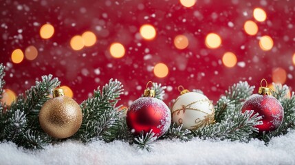 Naklejka premium Festive Christmas tree with decorations with glittery baubles, frosted evergreen branches, illuminated by warm lights on a blur background. Merry Christmas banner and poster