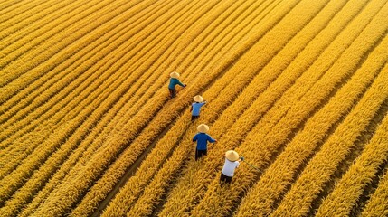 Farmers harvesting ripe rice in golden fields during a sunny day in the countryside