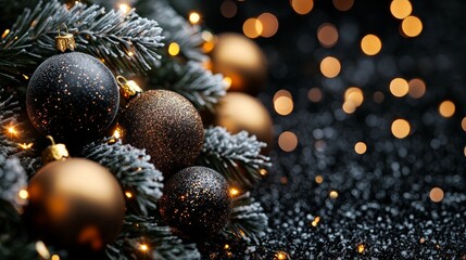 Festive Christmas tree with decorations with glittery baubles, frosted evergreen branches, illuminated by warm lights on a blur background. Merry Christmas banner and poster