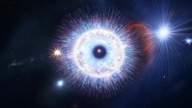 Brilliant white dwarf radiates energy in space, illuminating planets and stars. Explore cosmic energy and light in this stunning image