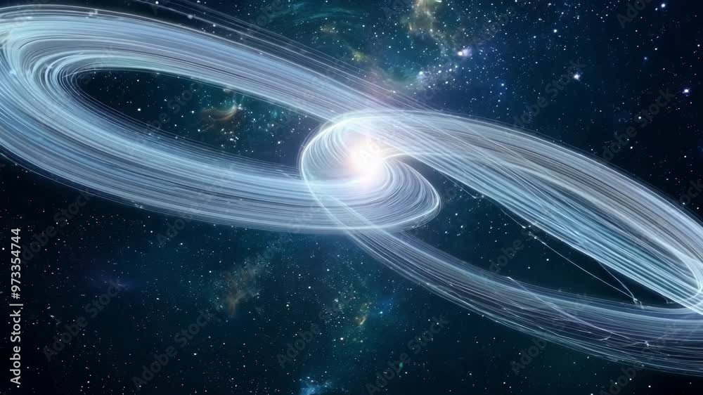 Poster bright star is emitting energy in deep space, surrounded by a swirling ring of light. the image evok