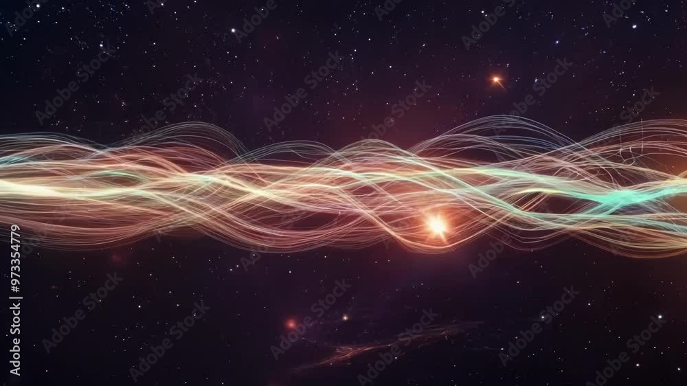 Poster abstract colorful wavy lines flowing on a starry night sky background, perfect for technology or sci