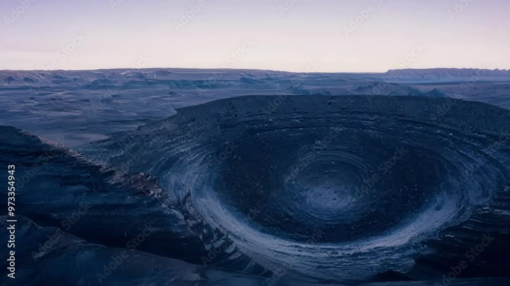 Poster Otherworldly landscape showing a deep crater with layers of volcanic ash and rock formations stretching out to the horizon