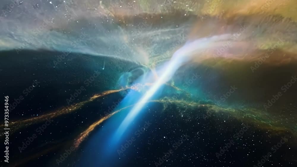 Poster bright comet soars through space, leaving a colorful stardust trail that illuminates nebulae in a co