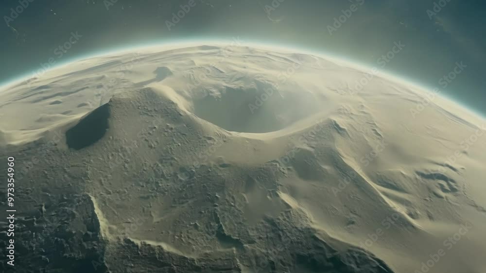 Poster Spaceship is entering the atmosphere of a foreign planet covered with craters, leaving a trail as it flies over a barren landscape