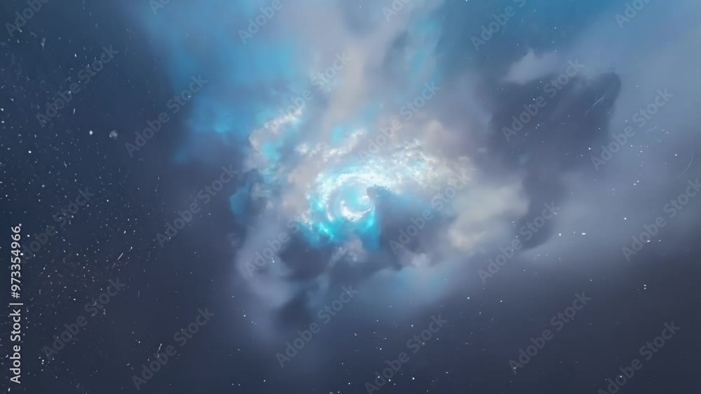 Poster Blue and white nebula cloud is swirling in the vastness of space, surrounded by countless twinkling stars. This captivating image evokes a sense of awe and wonder