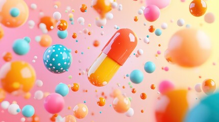 A stylized pill surrounded by spherical objects of different sizes and colors, symbolizing a range of medical or health-related concepts.