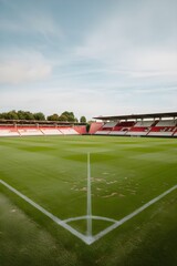 Fototapeta premium A soccer stadiums' lawn. The lawn is lush green and neatly trimmed.