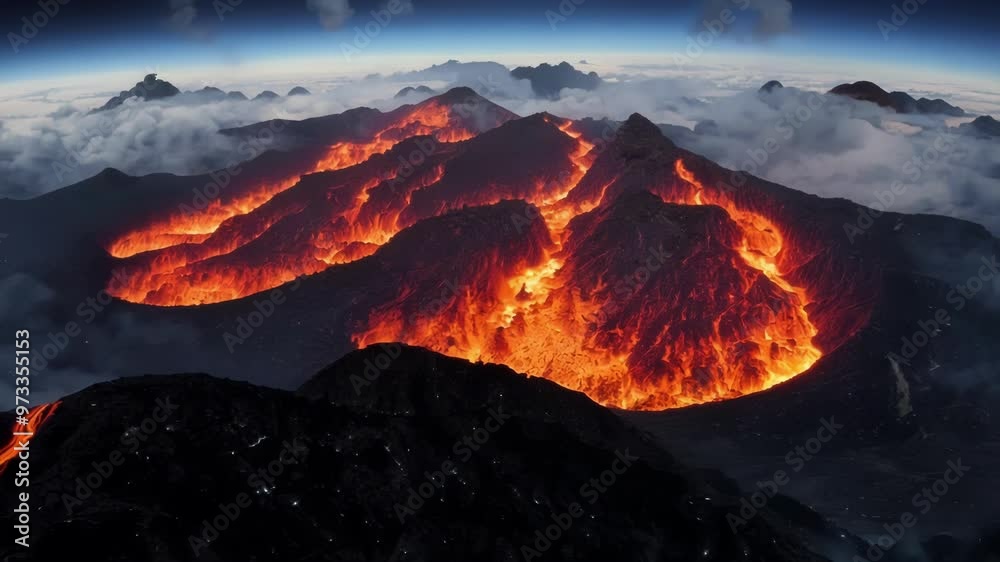 Poster Mesmerizing aerial view of a volcano erupting at night, with lava cascading down its sides, creating a fiery spectacle