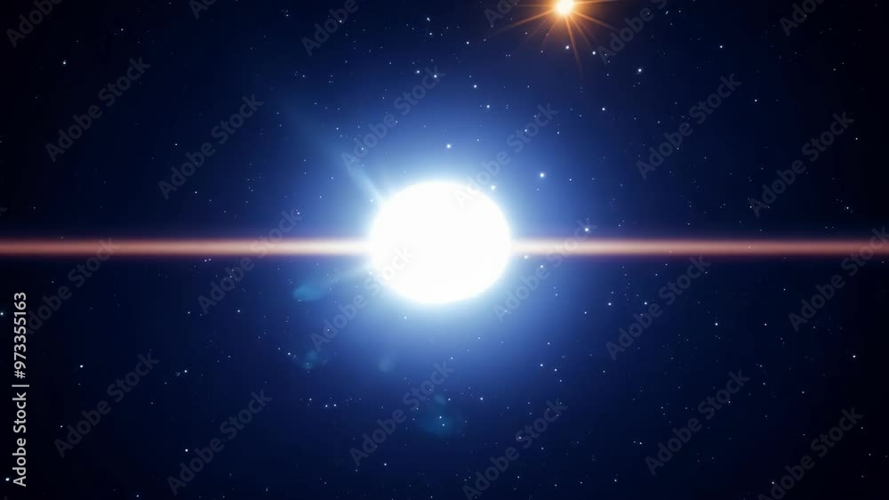 Poster shining star in deep space creates a captivating lens flare, evoking wonder and awe. blue and white 