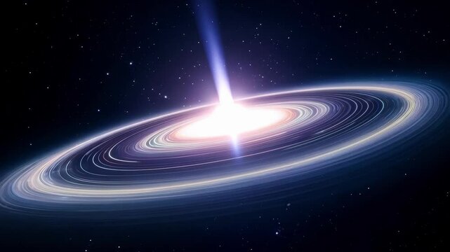 Bright quasar is emitting huge energy jets into space and is surrounded by cosmic dust rings, a beautiful space scene for your project