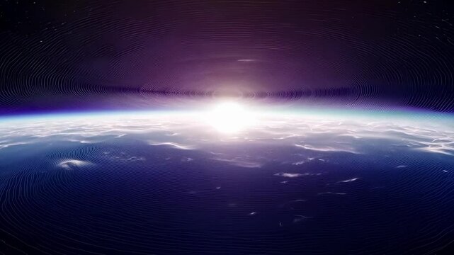 Breathtaking view of the sun rising over the earth from space, showcasing a digital overlay effect that adds a touch of modern artistry to the scene