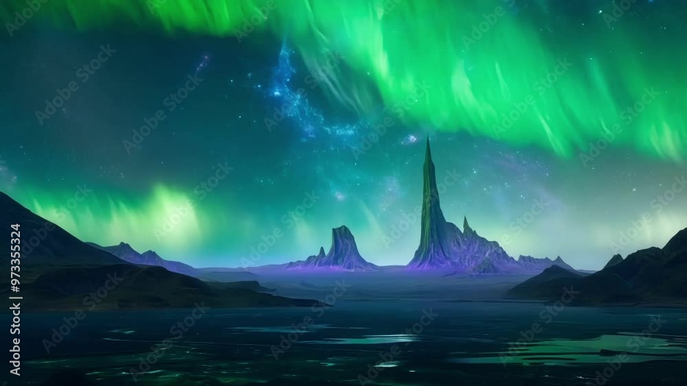 Poster Green aurora borealis shining over an alien planet with mountains, water and a starry night sky. Perfect for projects about space exploration, other worlds and the wonders of the universe
