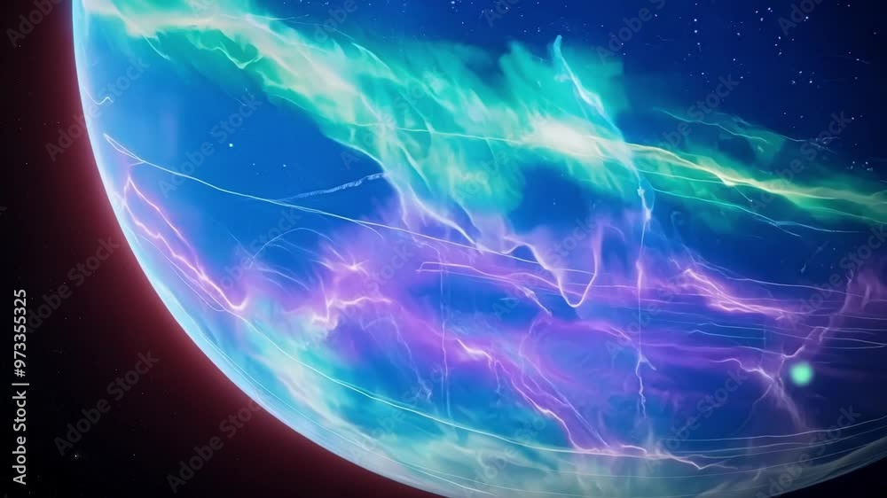 Poster Blue planet is surrounded by a spectacular aurora borealis and lightning storm, creating a breathtaking cosmic display