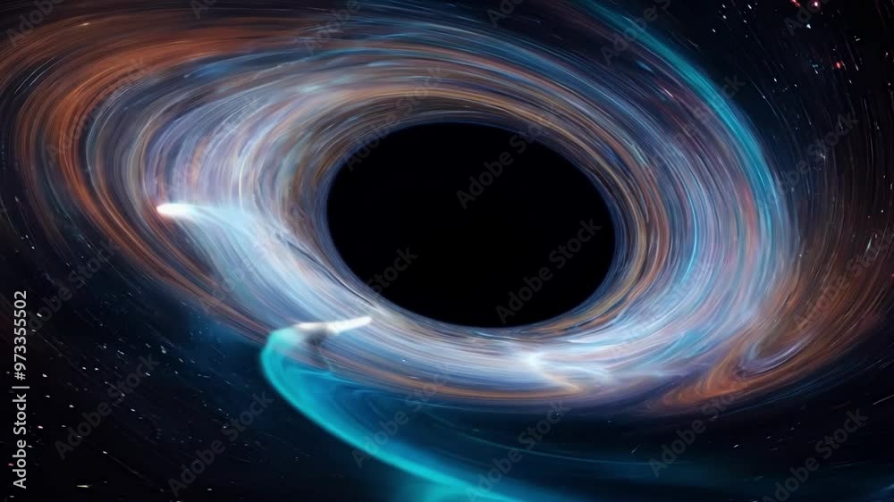Poster massive black hole distorts time and space, pulling stars into its center, warping the universe arou