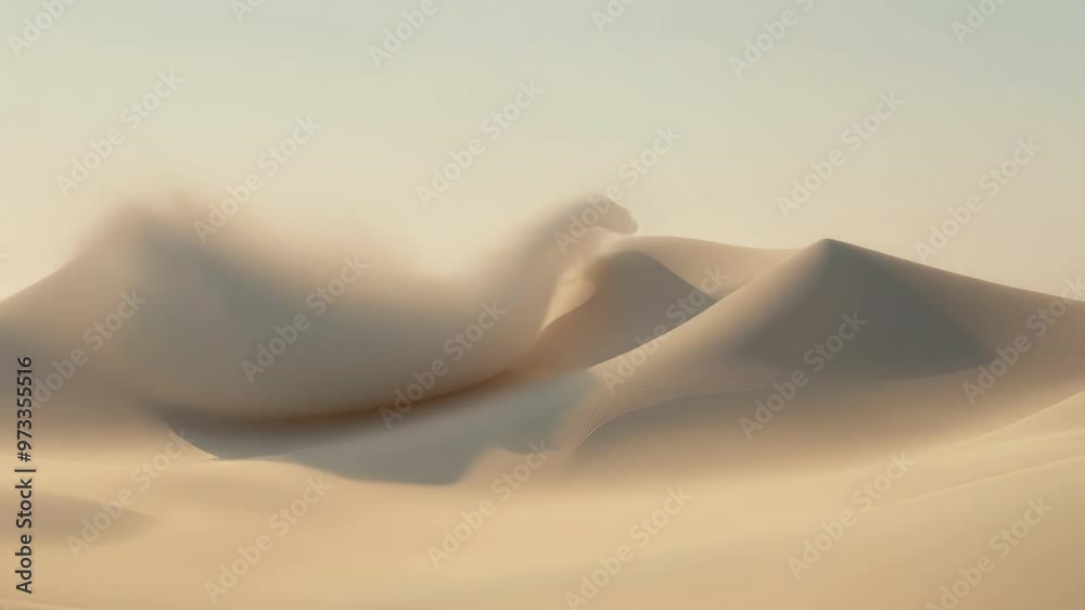 Aufkleber Smooth sand dunes are forming a wavy landscape under a cloudy sky, creating a serene and minimalist natural abstract background