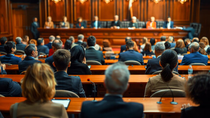 A town hall meeting with candidates answering questions, showcasing an engaged audience. atmosphere is filled with anticipation and civic involvement as community members participate in democratic pro