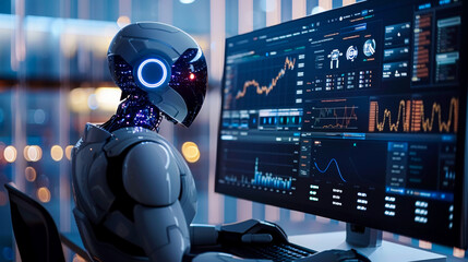 AI driven financial advisor providing investment recommendations and analysis through advanced technology. robot interacts with data on computer screen, showcasing financial trends and analytics