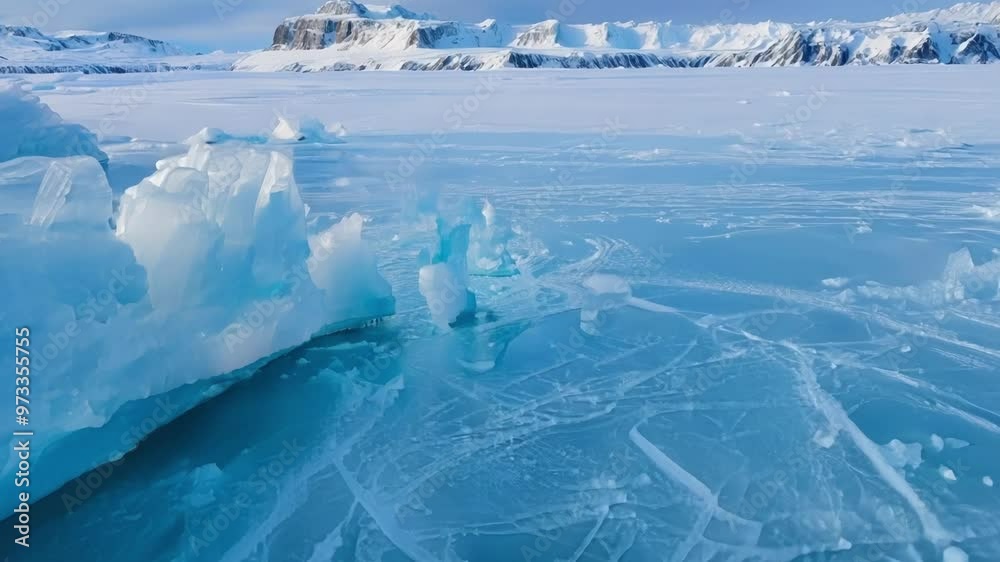 Poster Icebergs are floating on a melting glacial ice sheet with a beautiful turquoise blue color in the arctic ocean. The snowy mountains of a remote island are visible in the background