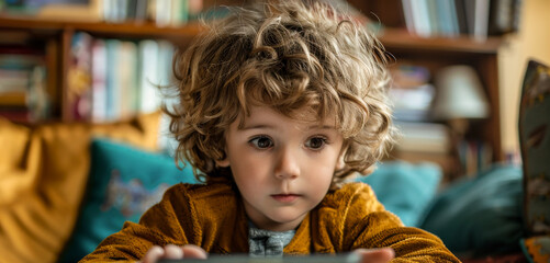 A child is focused on learning math using an educational app on tablet, surrounded by cozy environment filled with books and colorful cushions. expression shows curiosity and engagement
