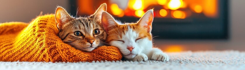 Naklejka premium Cozy Holiday Scene with Cat and Dog in Winter Sweaters by Fireplace | Festive Pet Companions with Copy Space for Text