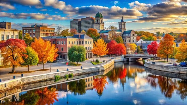 Vibrant downtown streetscape with historic buildings, fall foliage, and Fox River views in Appleton, Wisconsin, showcasing Midwestern charm and natural beauty.