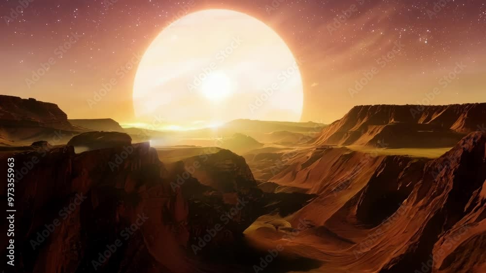 Poster The sun sets on a distant planet, casting a warm orange glow over red canyons under a starry sky, creating an otherworldly scene that sparks imagination and wonder