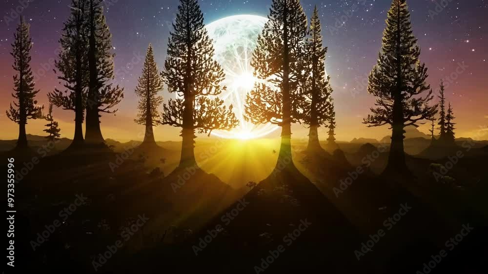 Aufkleber massive moon rises above a lush alien planet at sunset, creating a surreal and tranquil scene straig