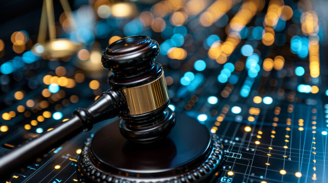 A gavel rests on digital background filled with glowing data points, symbolizing intersection of law and technology. This image captures essence of modern legal practices